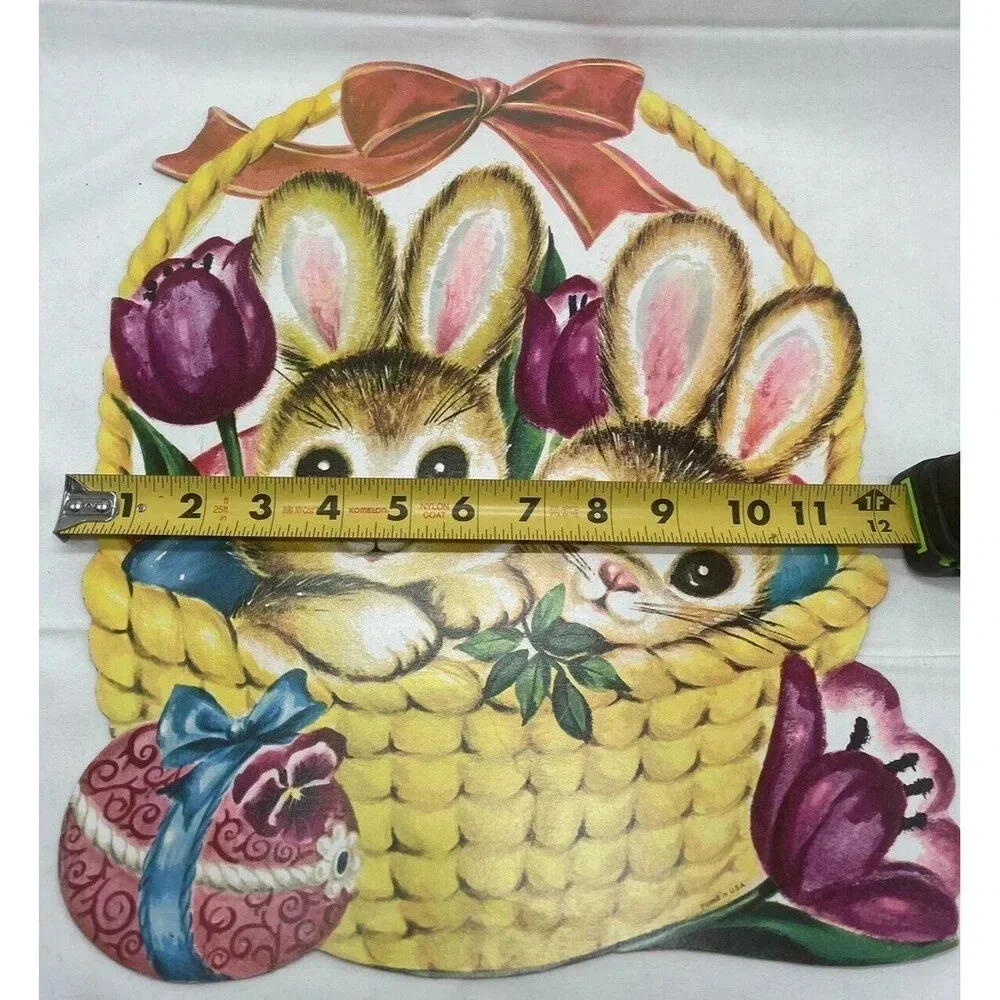 VTG Die Cut Cardboard Easter Decoration Brown Rabbits in Basket with Egg Tulips